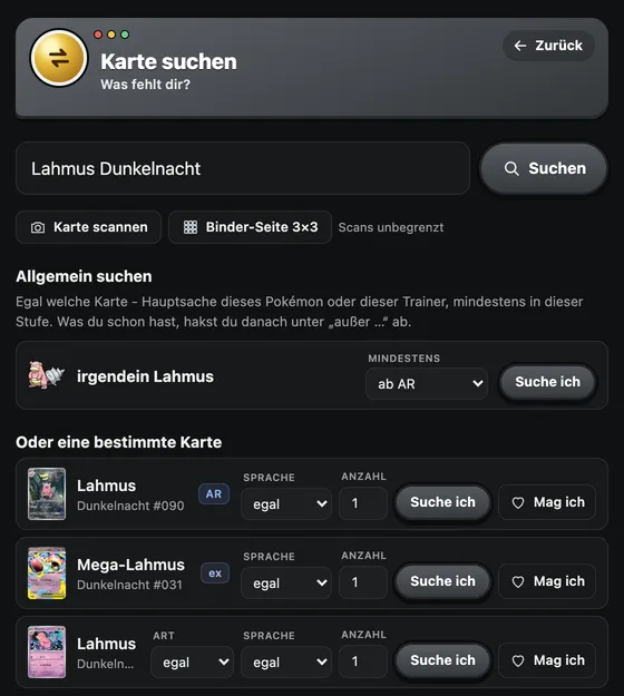 Kartensuche mit Menüs für Art, Sprache und Anzahl